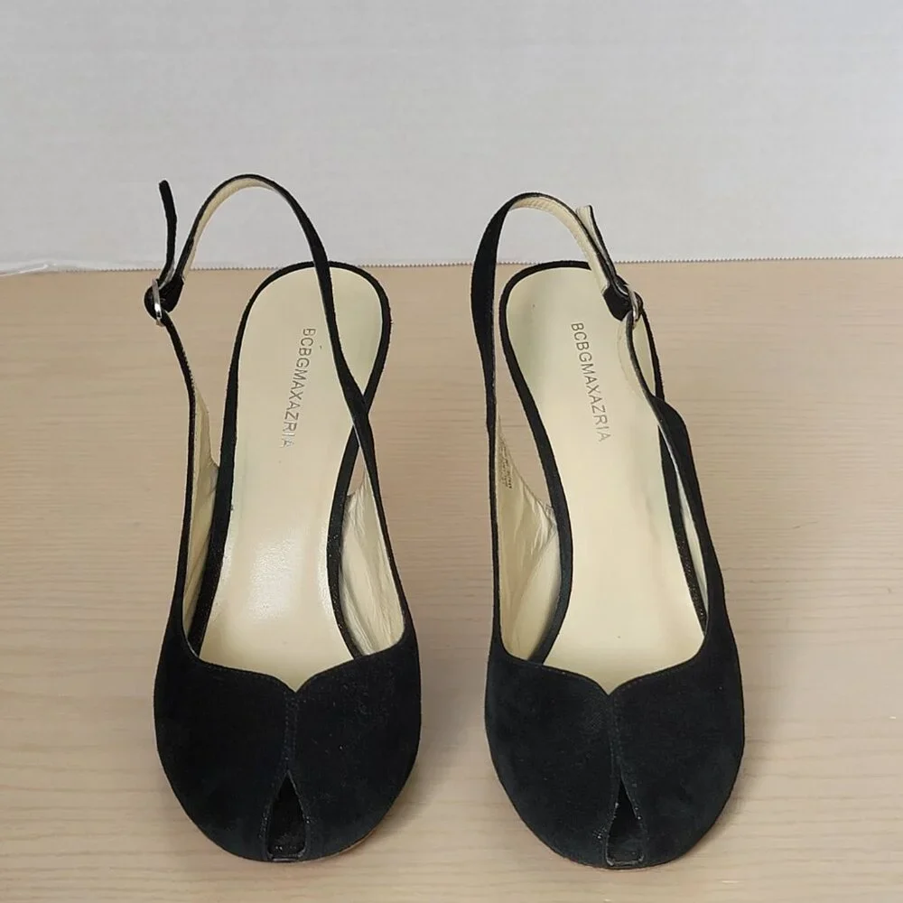 BCBGMAXAZRIA Kelly Black Metallic Leather Peep Toe Heels Size EU 39/US 8.5